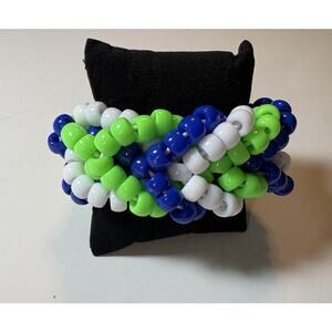 Pony Bead Kandi Fishtail Cuff Bracelet –Royal Blue, Green & White –Rave Bracelet